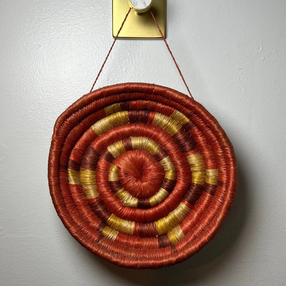 Handwoven‎ Coiled Natural Fiber Colorful Orange Hanging Basket Vintage